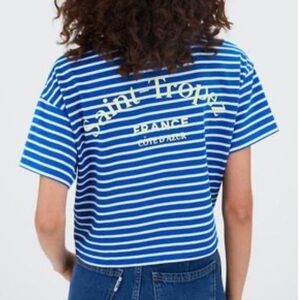 Stradivarius Blue and White “Saint Tropez France” Striped Cropped Shirt